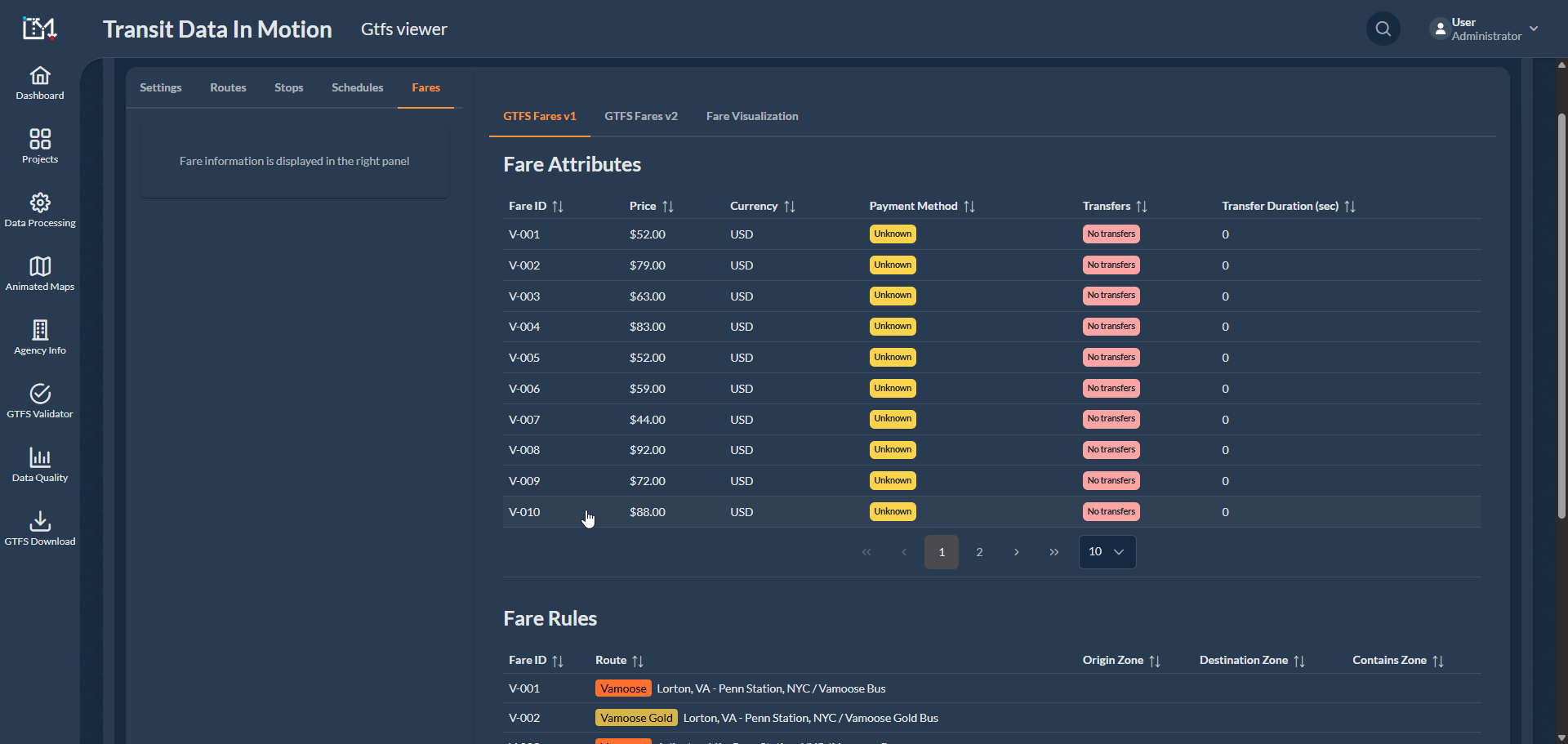 Gerenciamento de tarifas GTFS