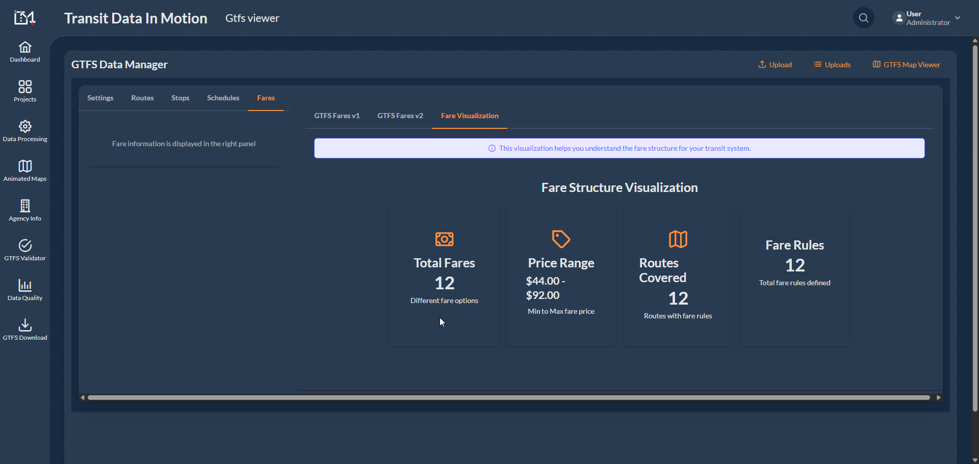 Visualização de tarifas GTFS