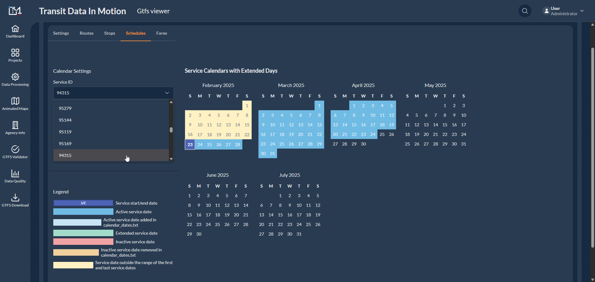 Visualização de horários GTFS