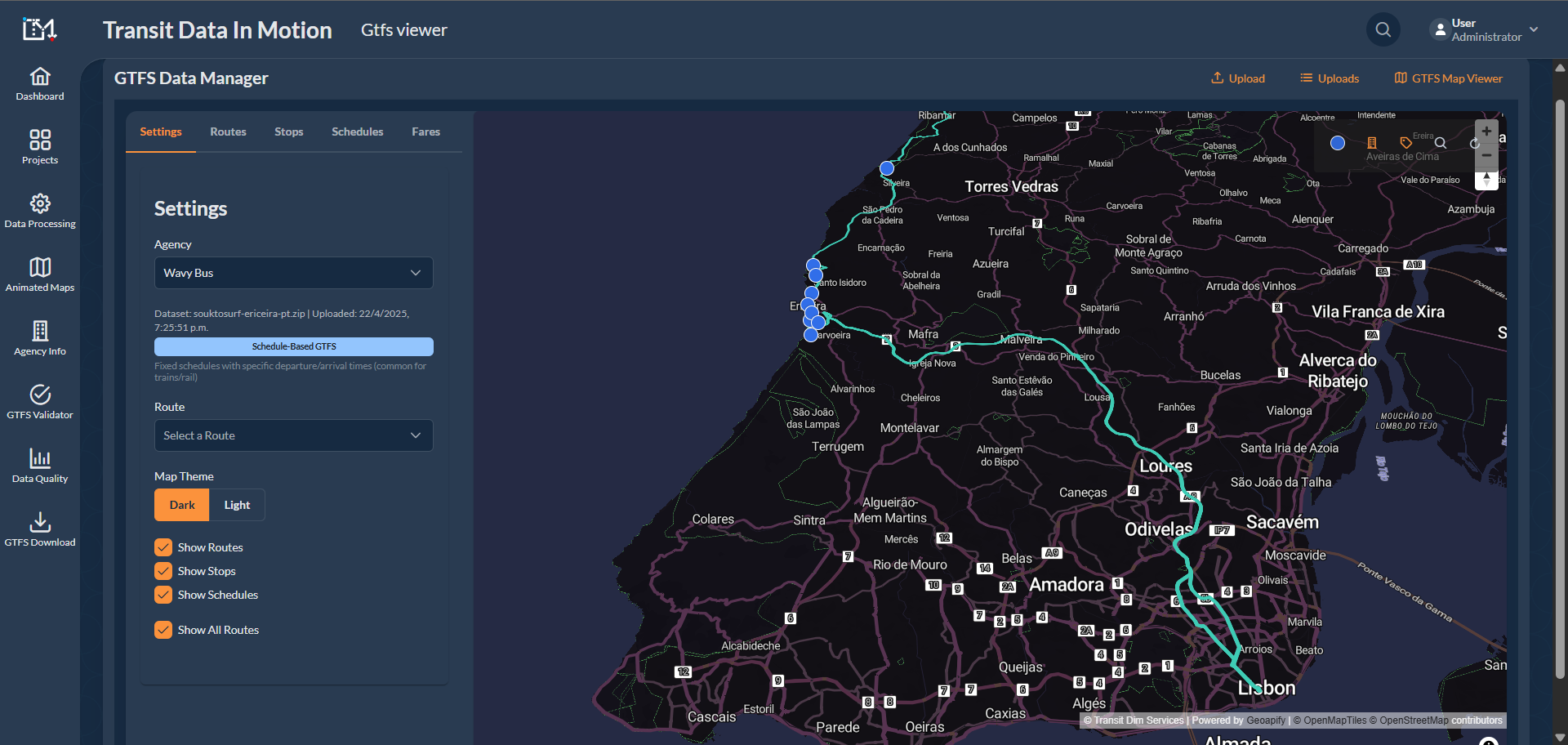 Mapa de rota costeira Wavy Bus